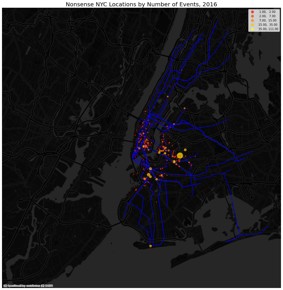 Nonsense NYC Locations by Number of Events, 2016