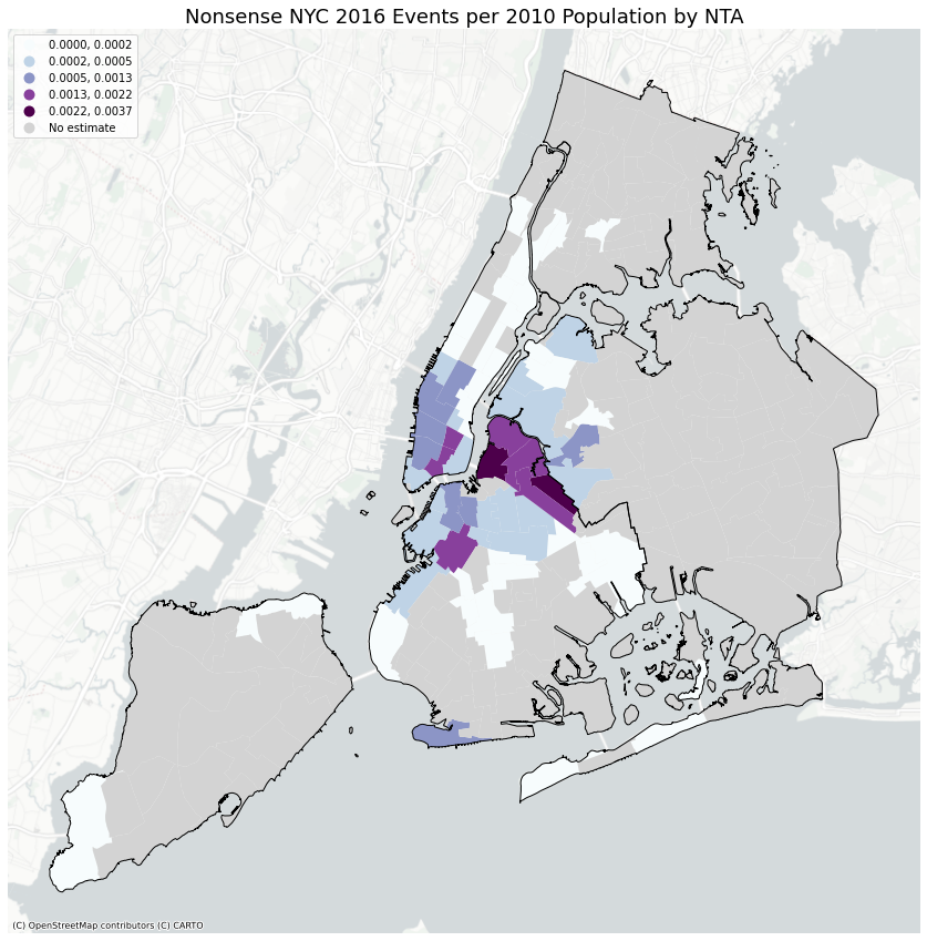 Nonsense NYC 2016 Events per 2010 Population by NTA